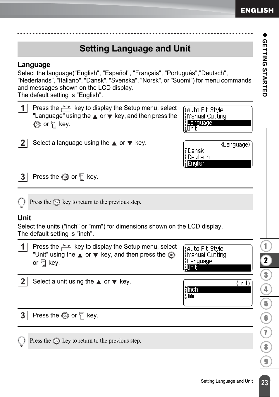 Setting language and unit, Language, Unit | Language unit | Brother PT-2700 User Manual | Page 29 / 180