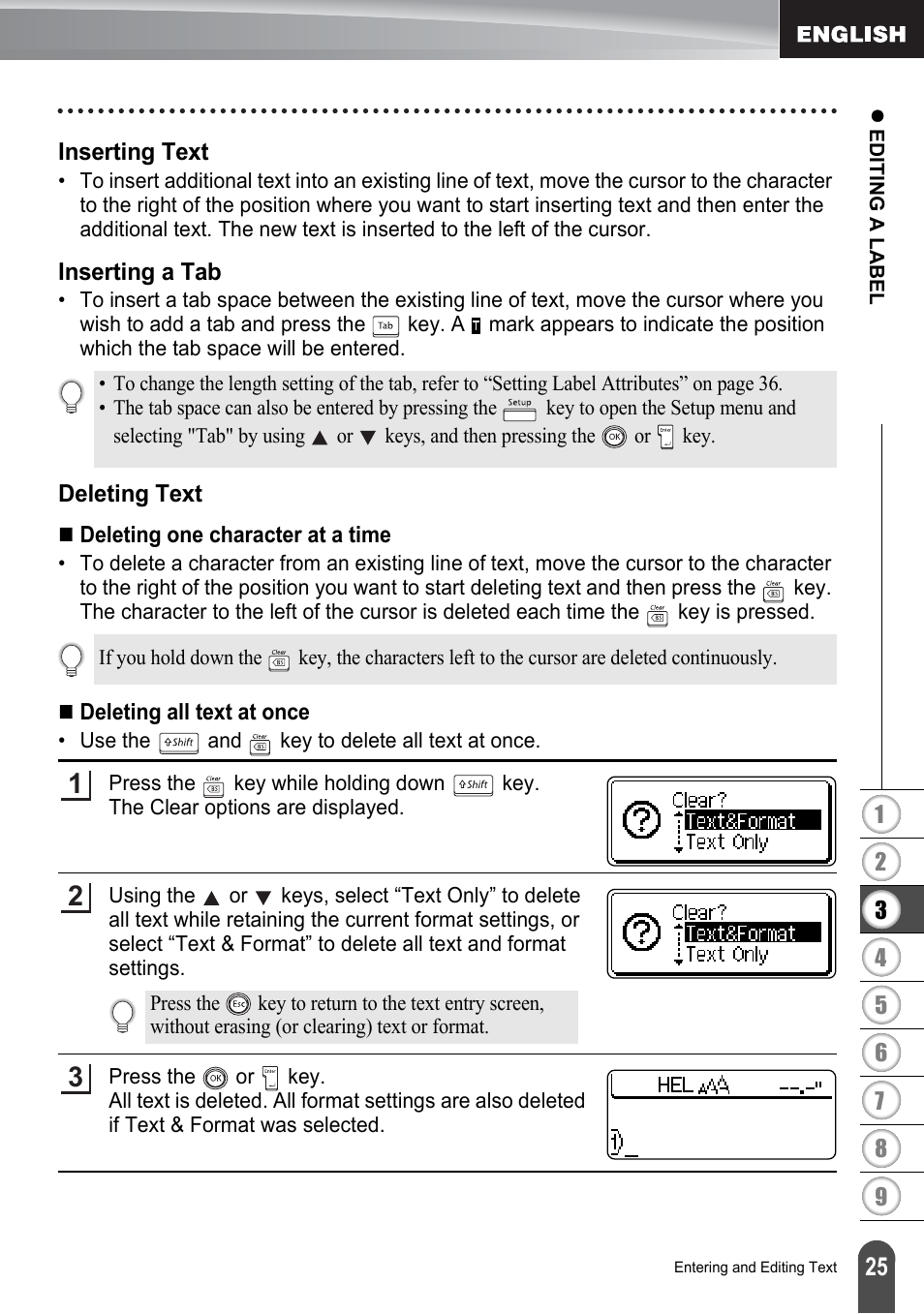 Inserting text, Inserting a tab, Deleting text | Inserting text inserting a tab deleting text | Brother PT-2700 User Manual | Page 31 / 180