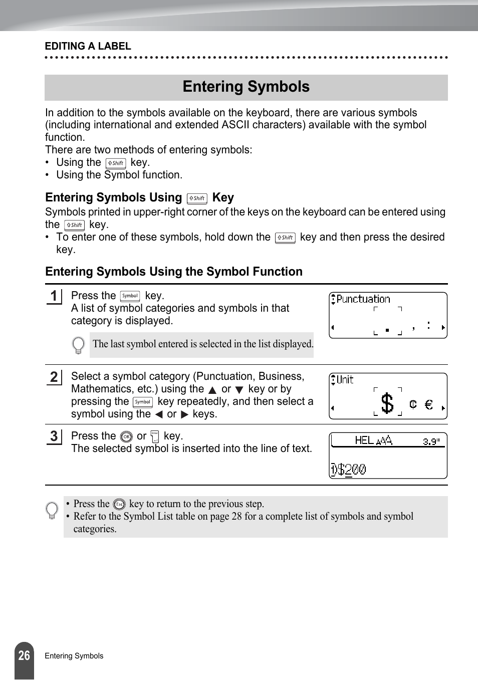 Entering symbols, Entering symbols using key, Entering symbols using the symbol function | Brother PT-2700 User Manual | Page 32 / 180