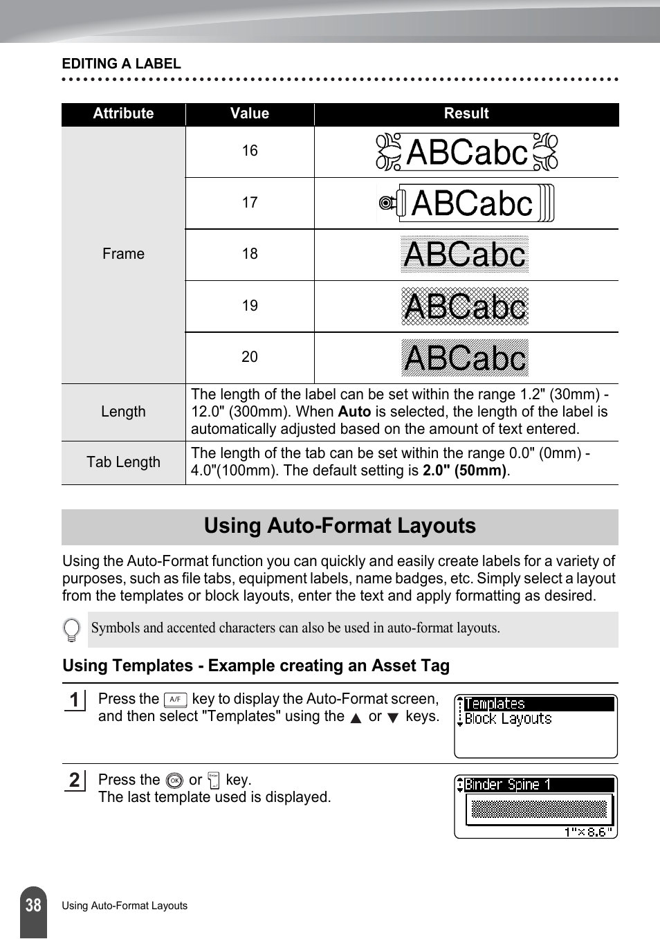 Using auto-format layouts, Using templates - example creating an asset tag | Brother PT-2700 User Manual | Page 44 / 180
