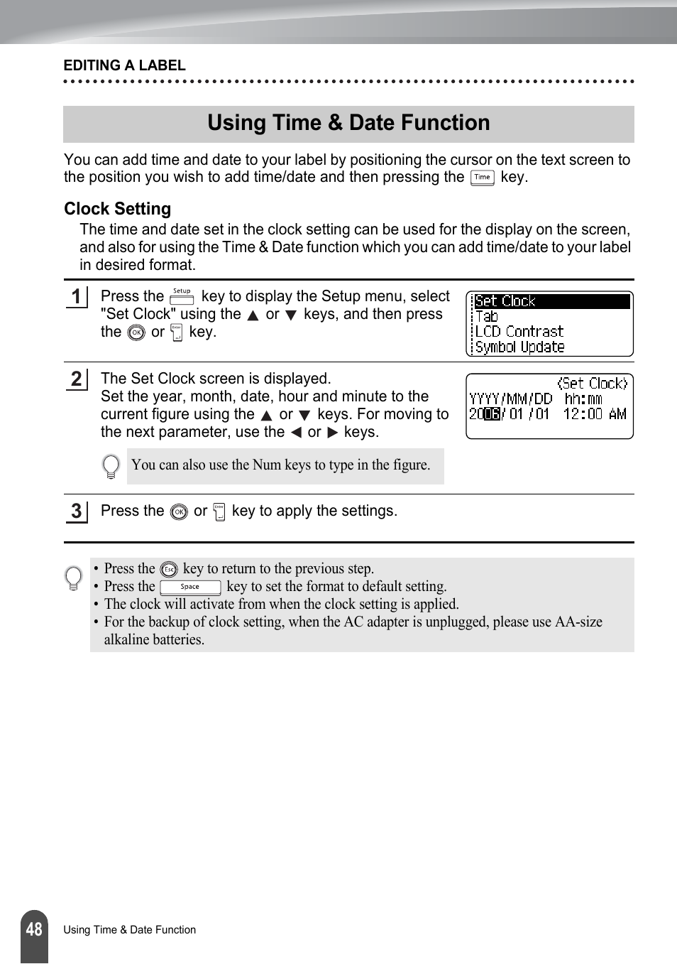 Using time & date function, Clock setting | Brother PT-2700 User Manual | Page 54 / 180