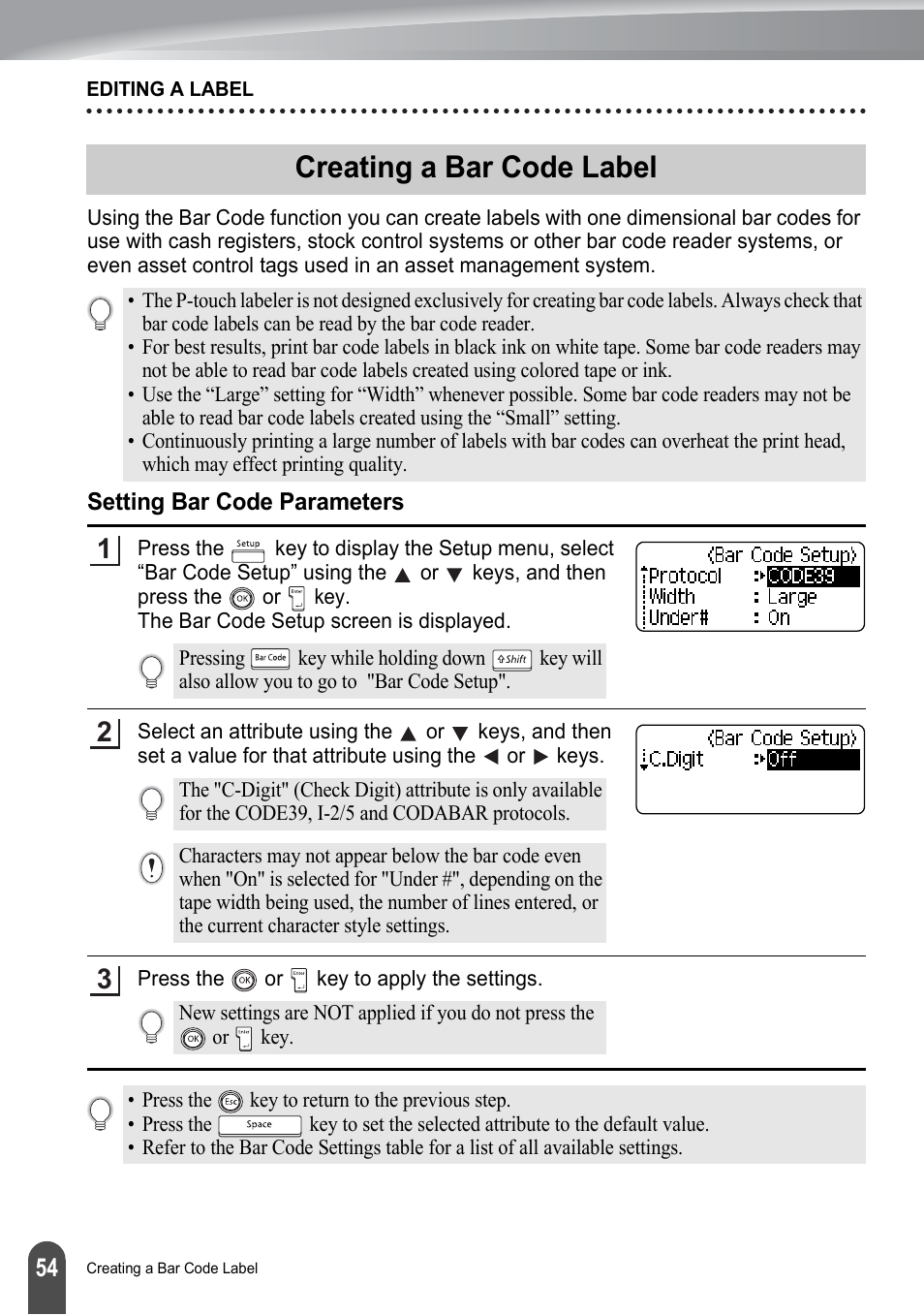 Creating a bar code label, Setting bar code parameters, P. 54 | Brother PT-2700 User Manual | Page 60 / 180