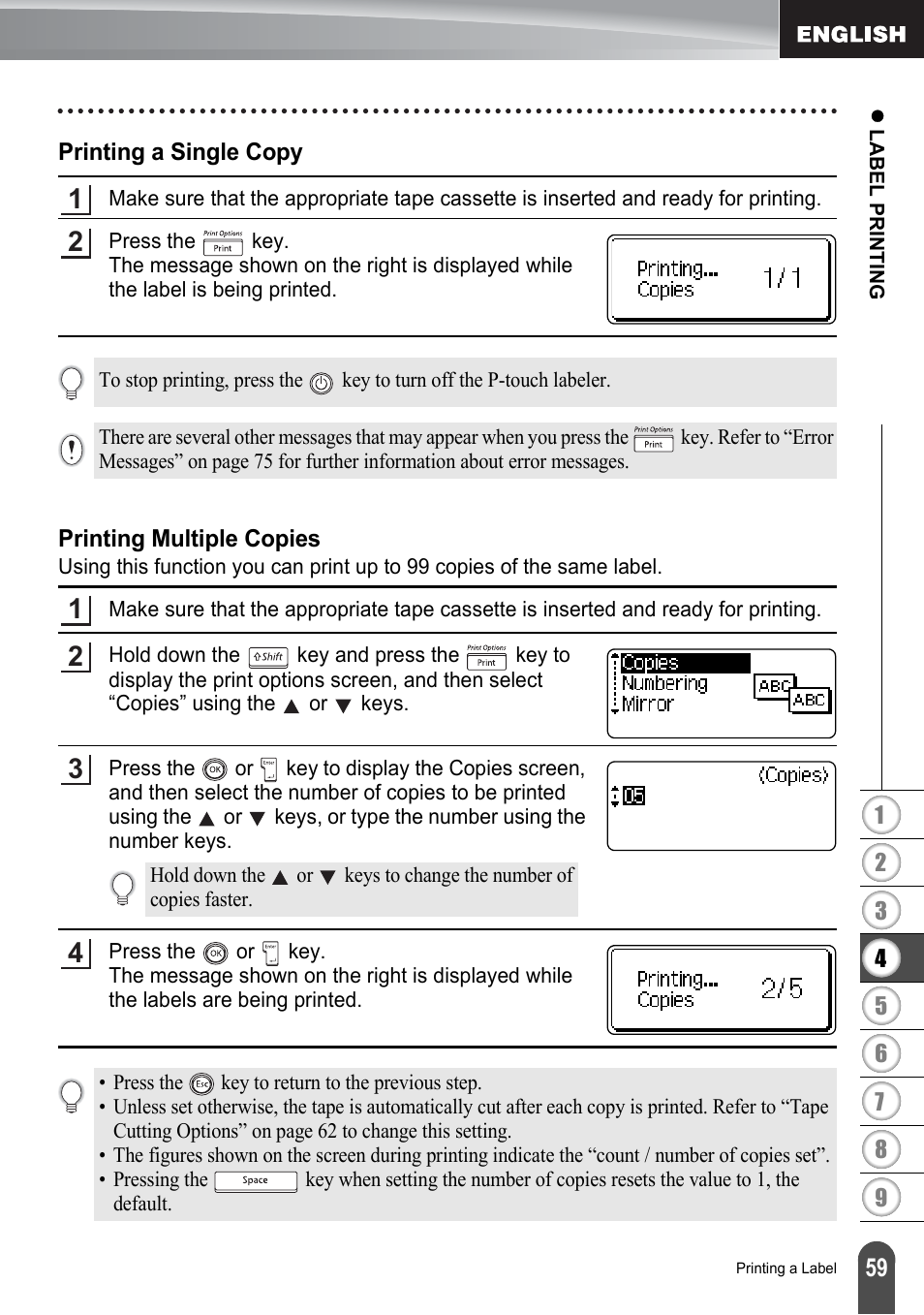 Printing a single copy, Printing multiple copies, Printing a single copy printing multiple copies | P. 59 | Brother PT-2700 User Manual | Page 65 / 180