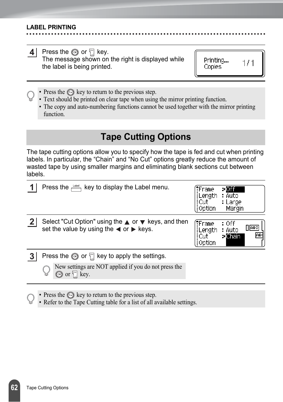 Tape cutting options, P. 62, Tape | Cutting options” and “ad, Fer to “tape | Brother PT-2700 User Manual | Page 68 / 180