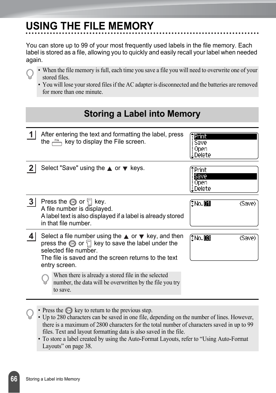 Using the file memory, Storing a label into memory, P. 66 | Brother PT-2700 User Manual | Page 72 / 180