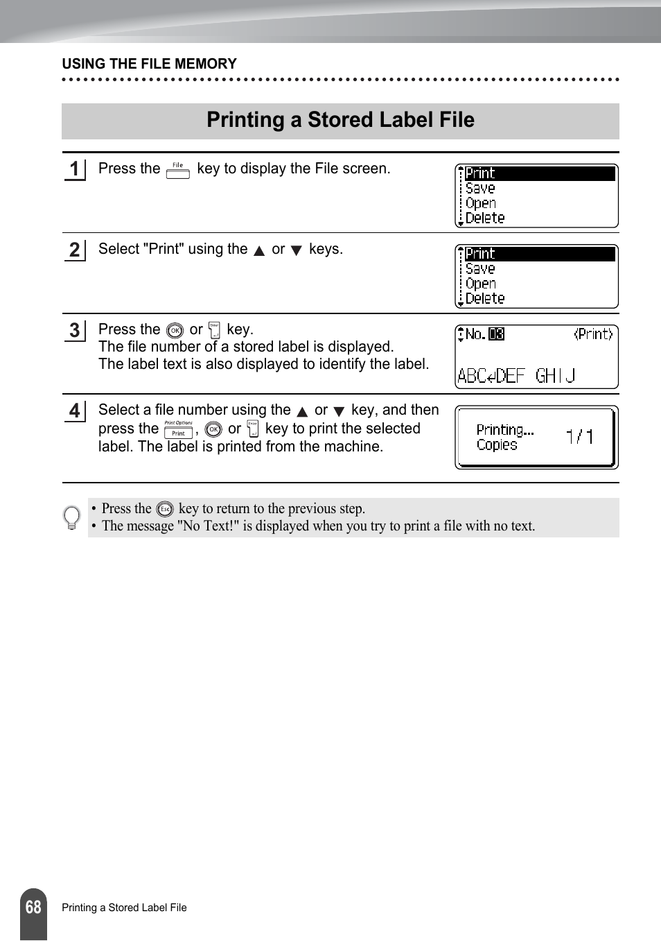 Printing a stored label file | Brother PT-2700 User Manual | Page 74 / 180