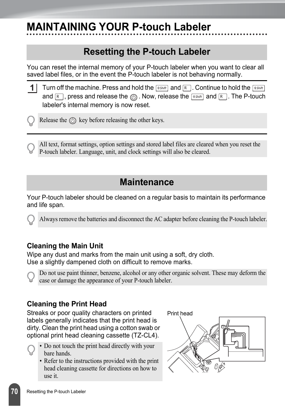 Maintaining your p-touch labeler, Resetting the p-touch labeler, Maintenance | Cleaning the main unit, Cleaning the print head, Resetting the p-touch labeler maintenance | Brother PT-2700 User Manual | Page 76 / 180