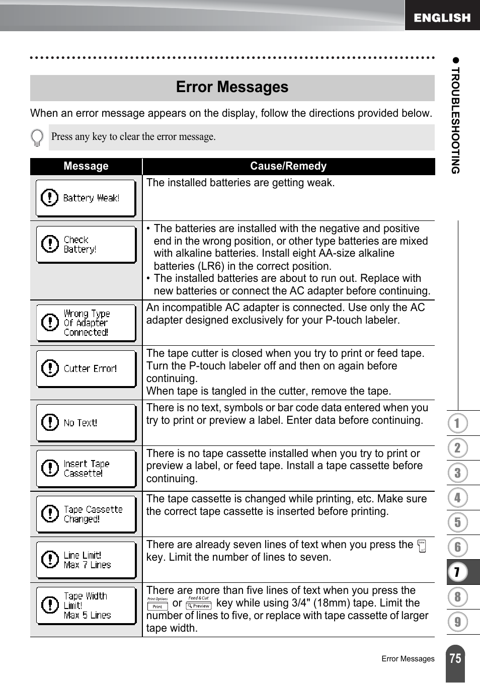 Error messages, To “error | Brother PT-2700 User Manual | Page 81 / 180