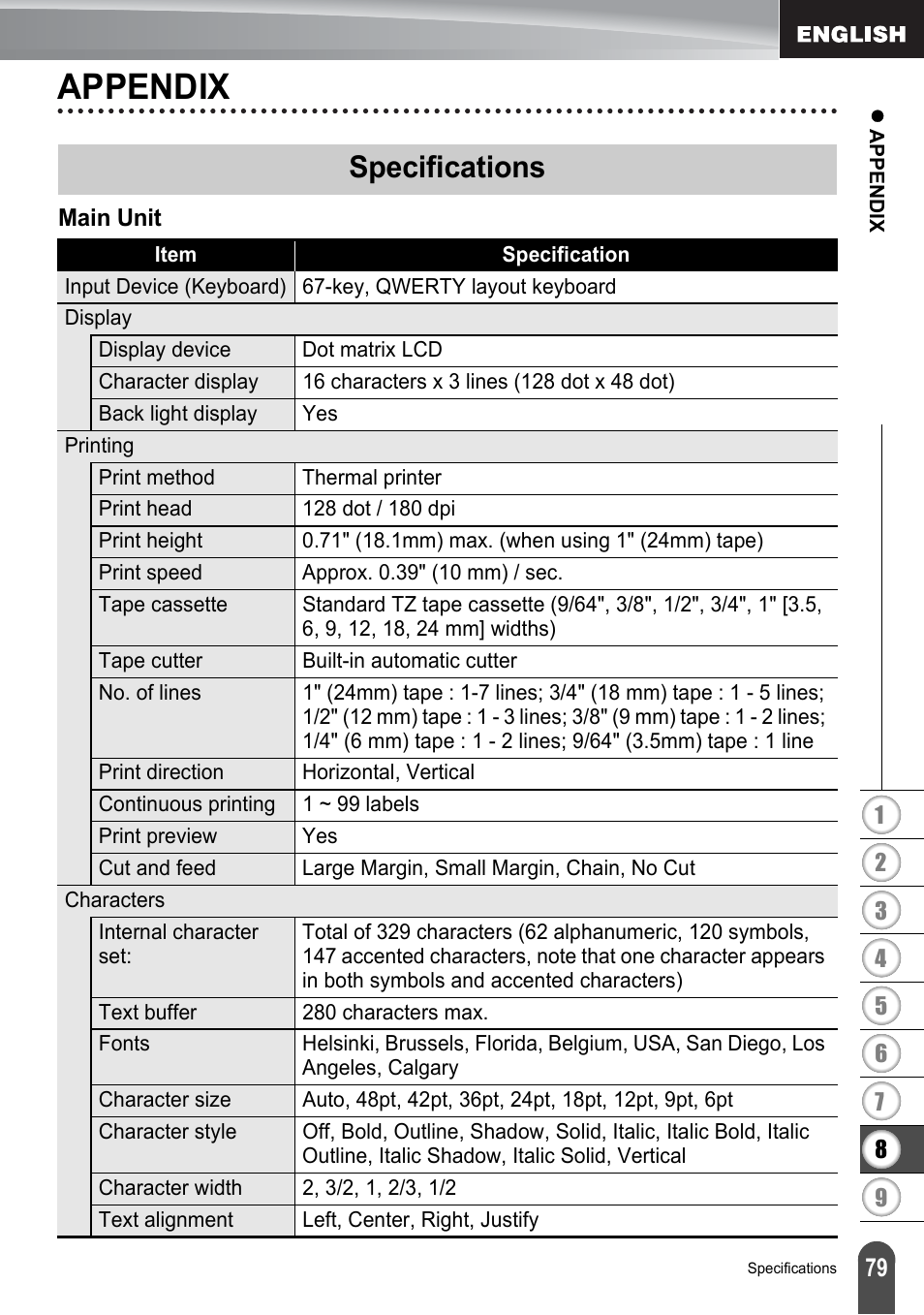 Appendix, Specifications | Brother PT-2700 User Manual | Page 85 / 180