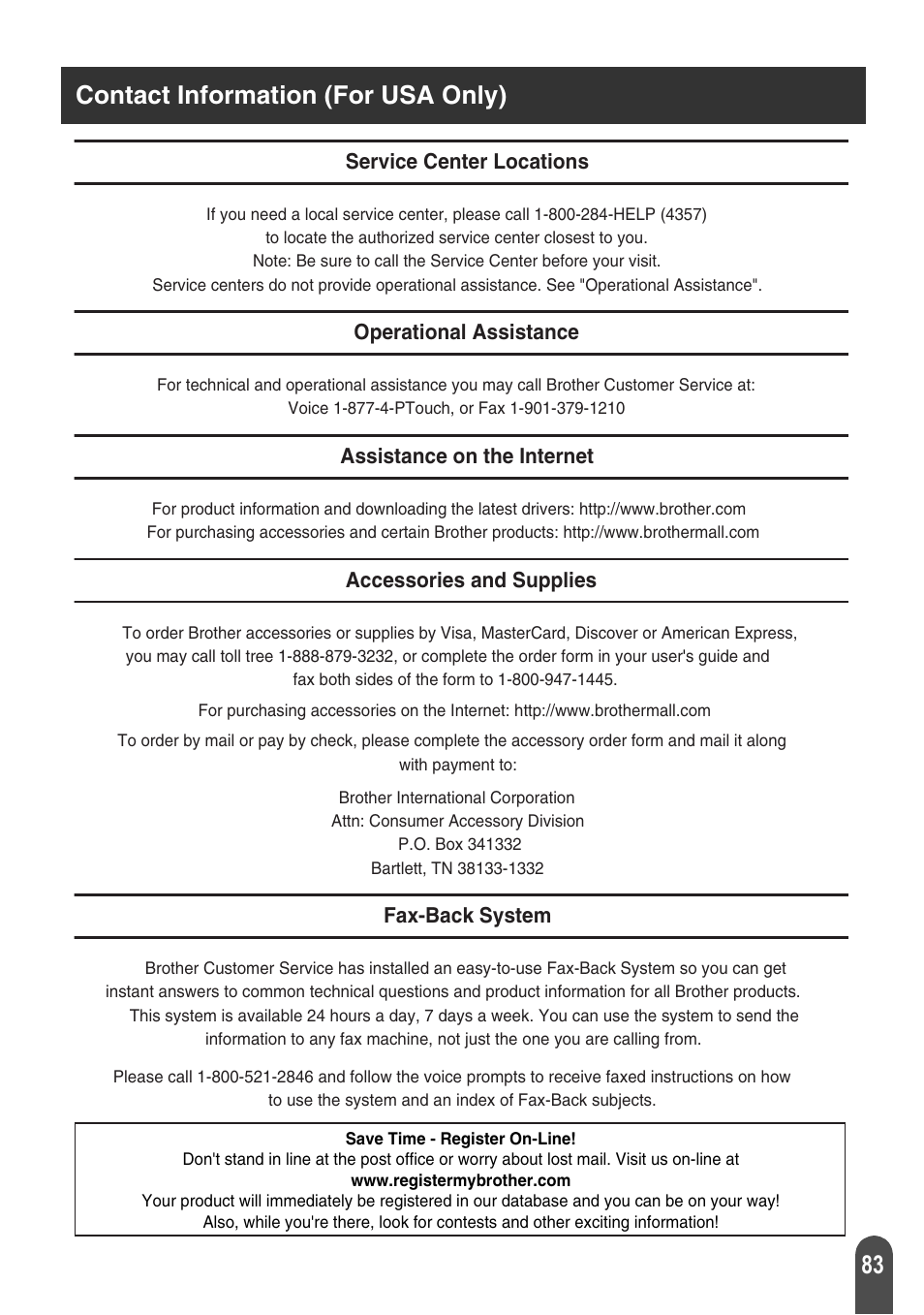Contact information (for usa only), Service center locations, Operational assistance | Assistance on the internet, Accessories and supplies, Fax-back system | Brother PT-2700 User Manual | Page 89 / 180