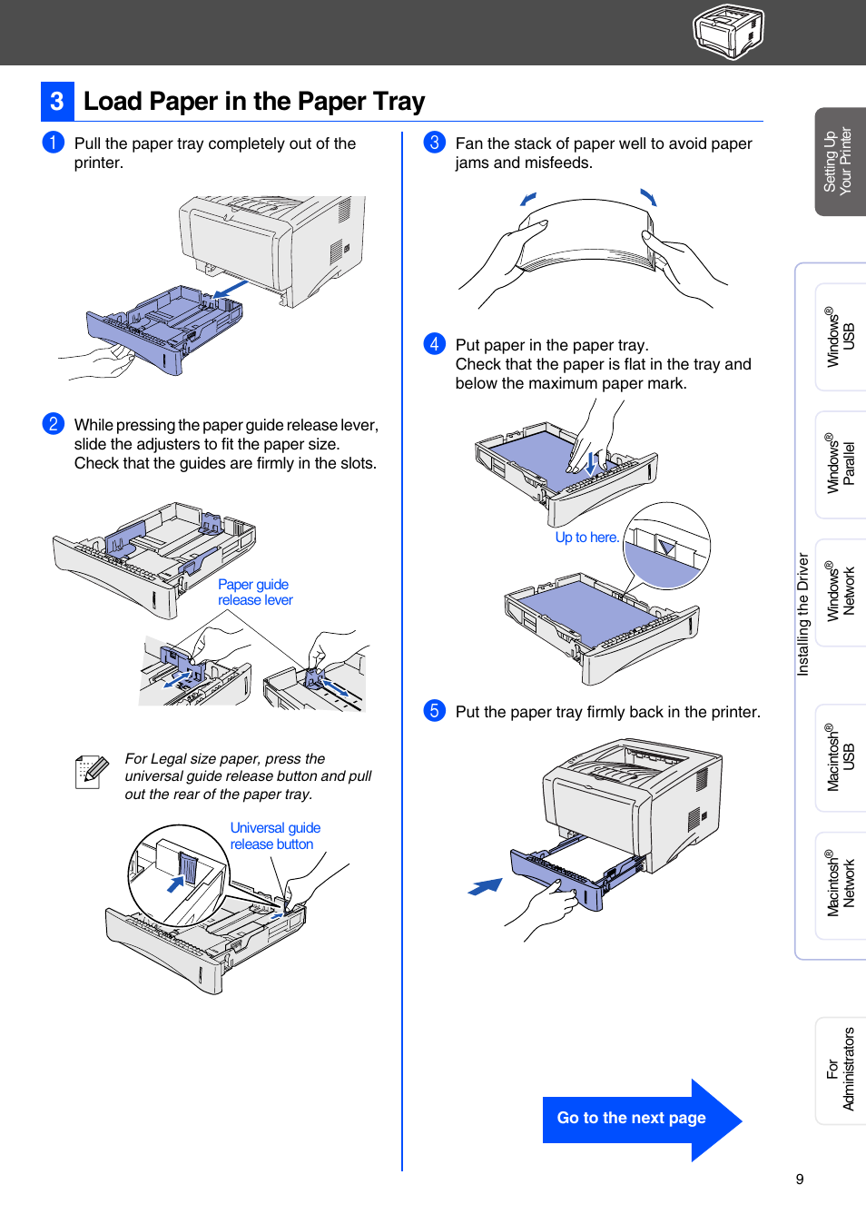 Load paper in the paper tray, 3load paper in the paper tray | Brother HL-5070N User Manual | Page 11 / 38