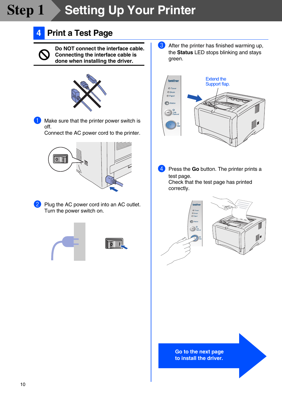 Step 1, Setting up your printer, 4print a test page | Brother HL-5070N User Manual | Page 12 / 38