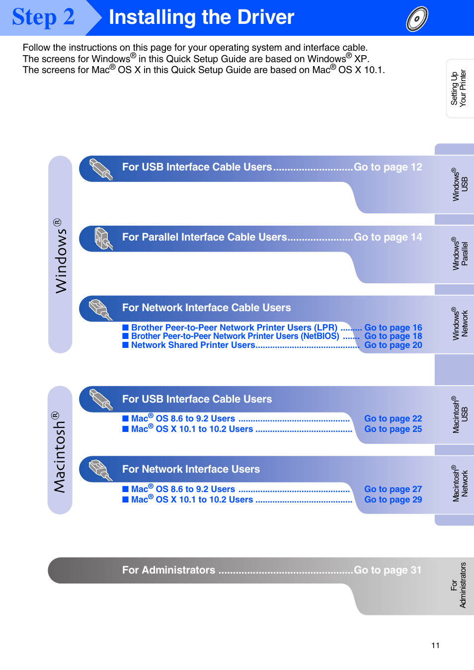 Installing the driver, Step 2, For usb interface cable users | For network interface users | Brother HL-5070N User Manual | Page 13 / 38