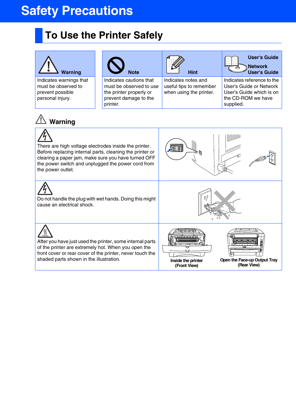 Safety precautions | Brother HL-5070N User Manual | Page 2 / 38