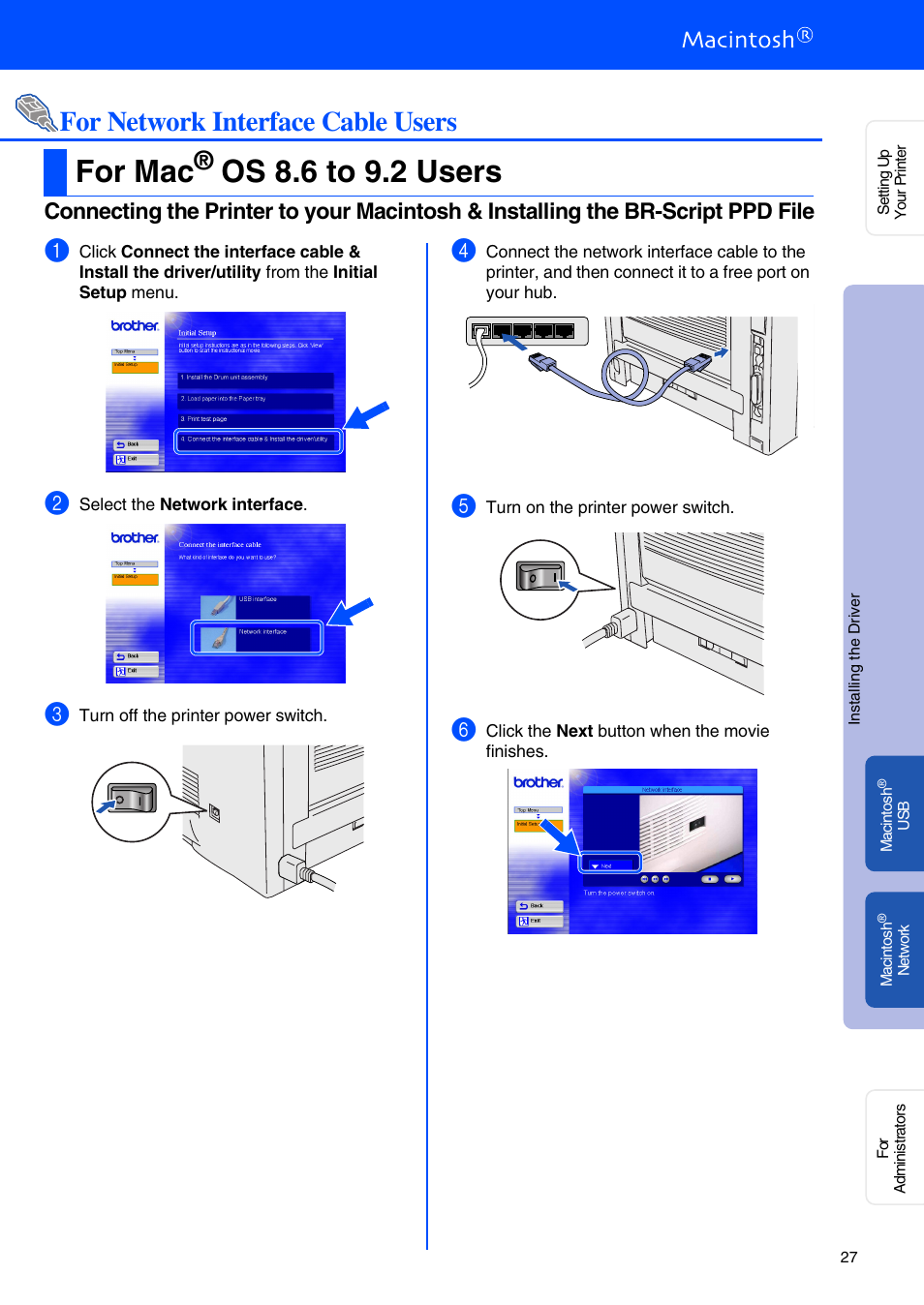 For network interface cable users, For mac® os 8.6 to 9.2 users, For mac | Os 8.6 to 9.2 users, Step | Brother HL-5070N User Manual | Page 29 / 38