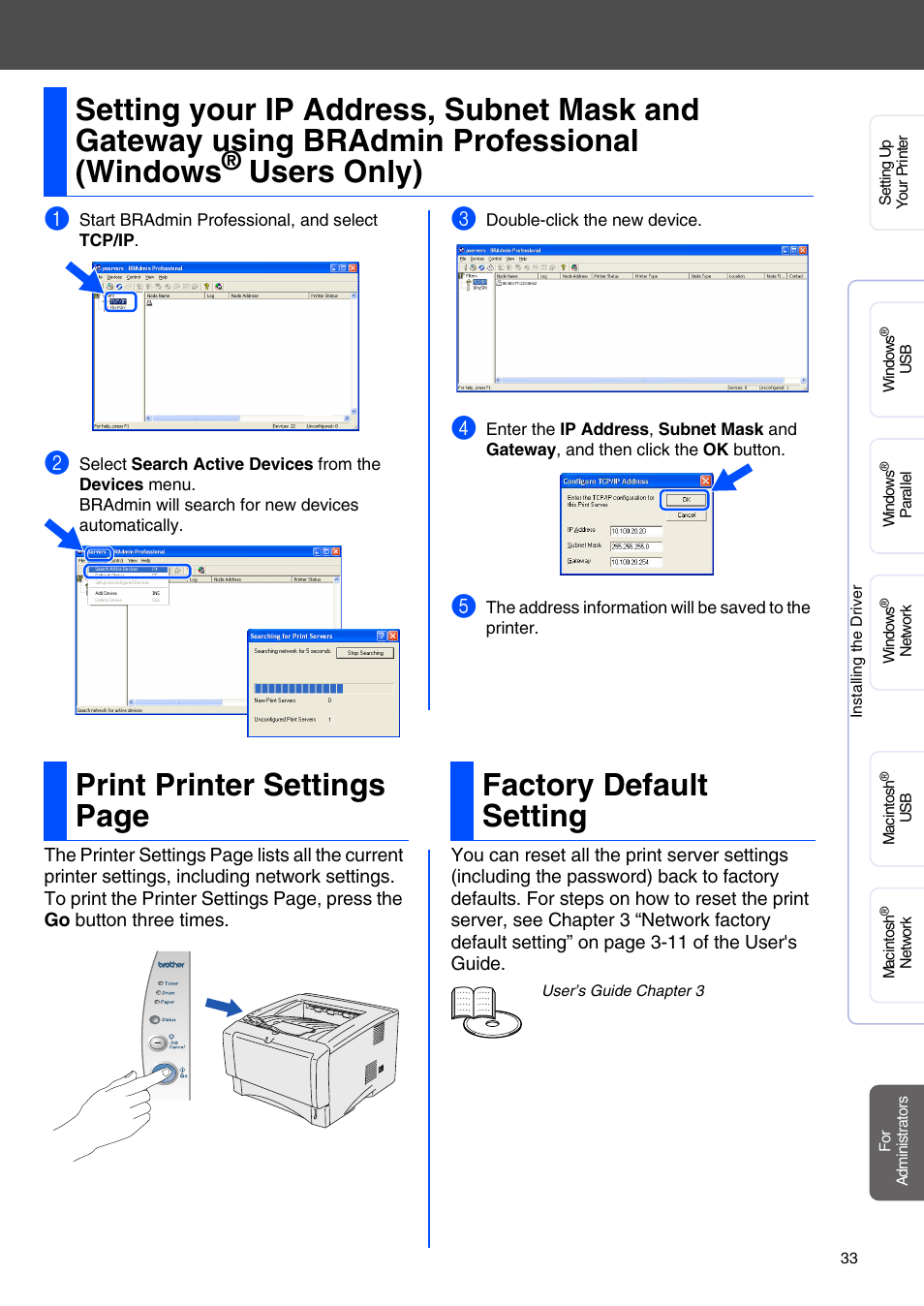 Factory default setting, Bradmin professional (windows, Users only) | Brother HL-5070N User Manual | Page 35 / 38