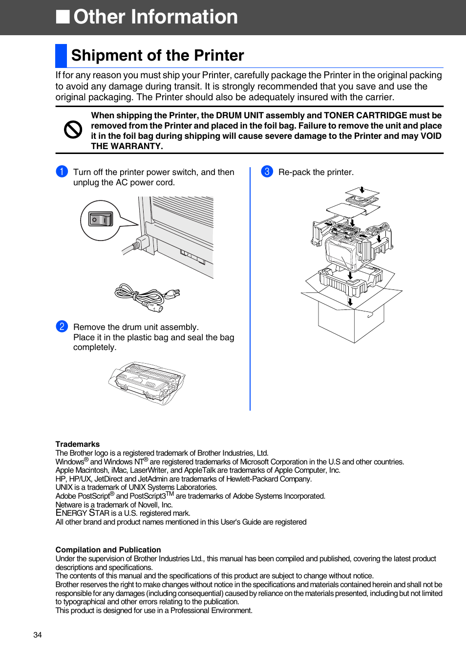 Other information, Shipment of the printer | Brother HL-5070N User Manual | Page 36 / 38