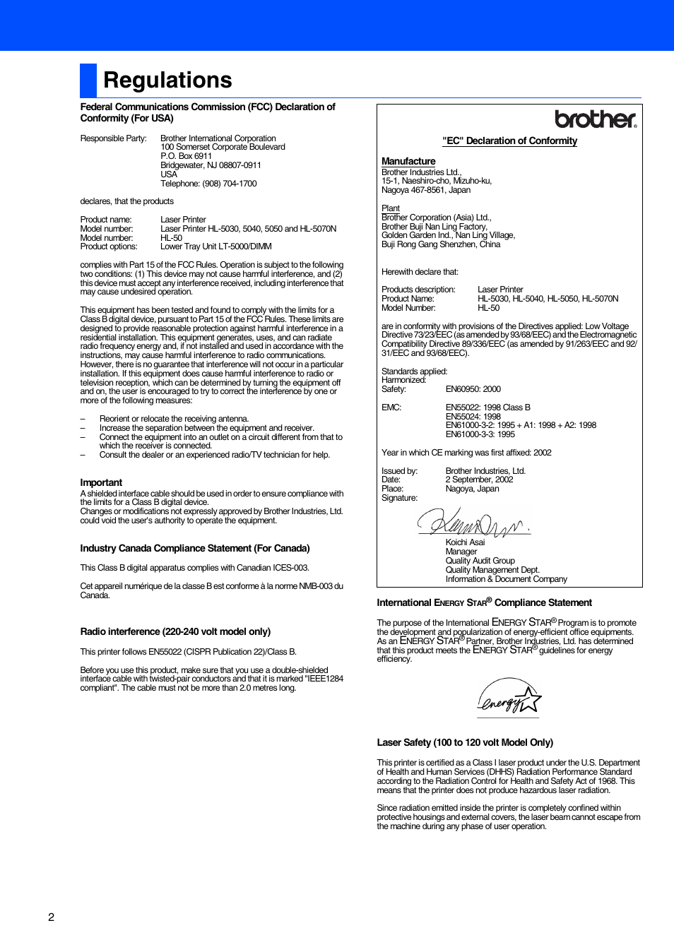 Regulations | Brother HL-5070N User Manual | Page 4 / 38