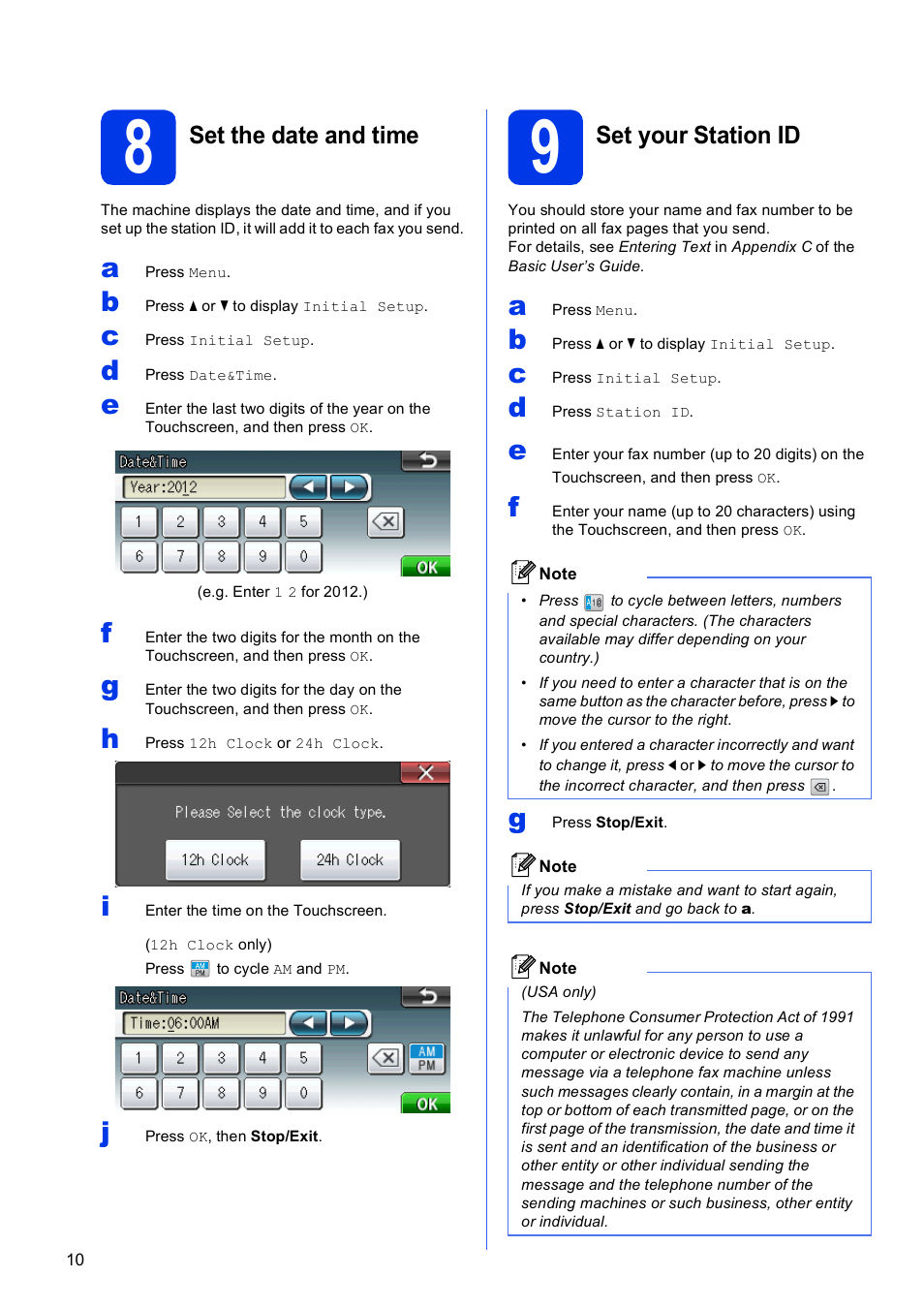 8 set the date and time, 9 set your station id, Set the date and time | Set your station id | Brother MFC-J835DW User Manual | Page 10 / 44