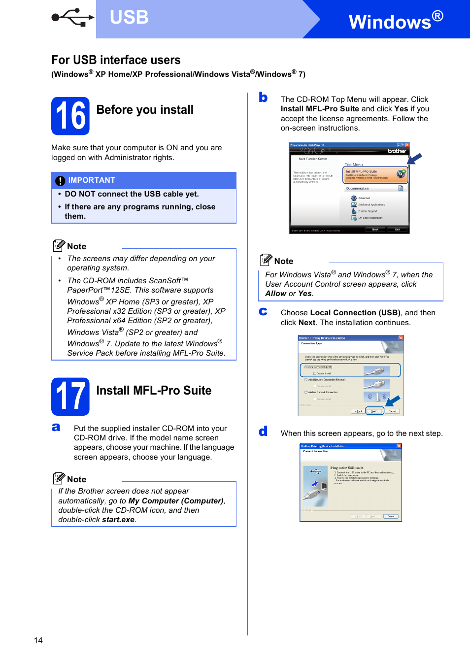 16 before you install, 17 install mfl-pro suite, Windows | For usb interface users, Before you install, Install mfl-pro suite | Brother MFC-J835DW User Manual | Page 14 / 44