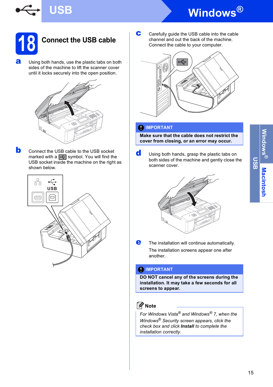 18 connect the usb cable, Windows, Connect the usb cable | Brother MFC-J835DW User Manual | Page 15 / 44