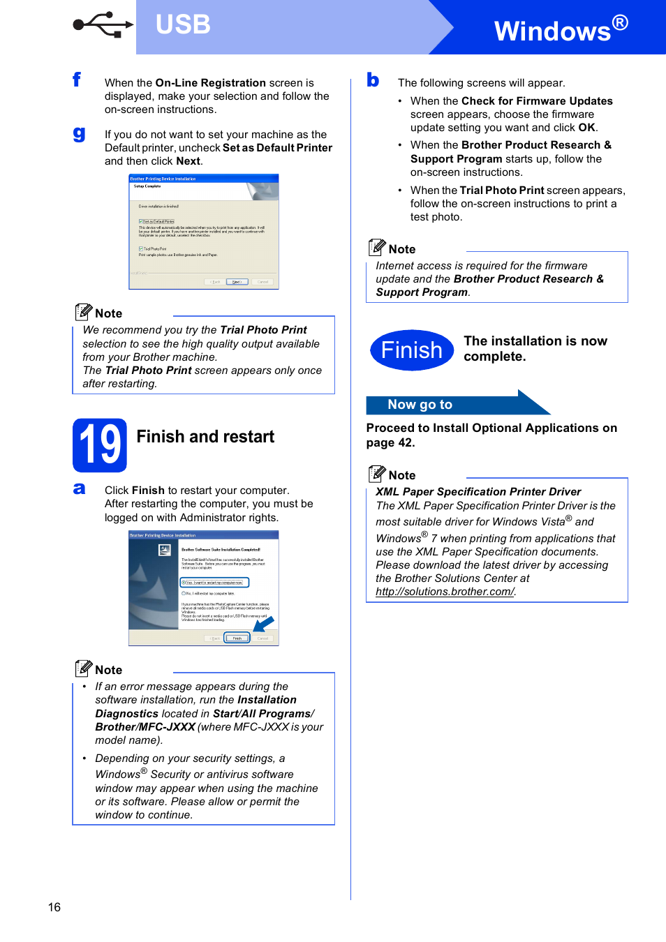 19 finish and restart, Windows, Finish | Finish and restart | Brother MFC-J835DW User Manual | Page 16 / 44