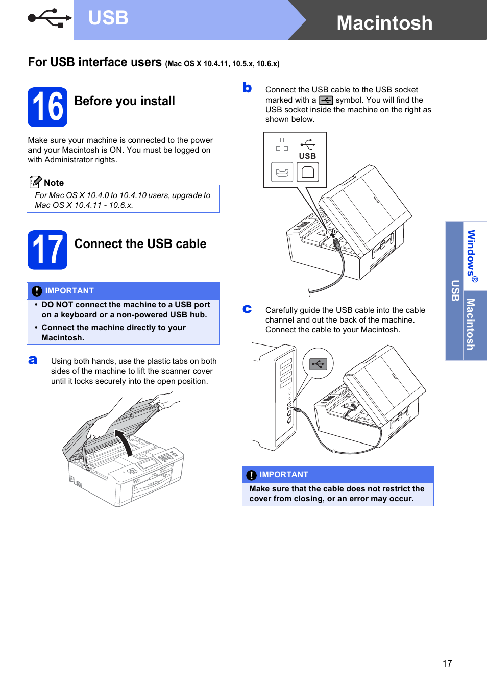 16 before you install, 17 connect the usb cable, Macintosh usb | Brother MFC-J835DW User Manual | Page 17 / 44