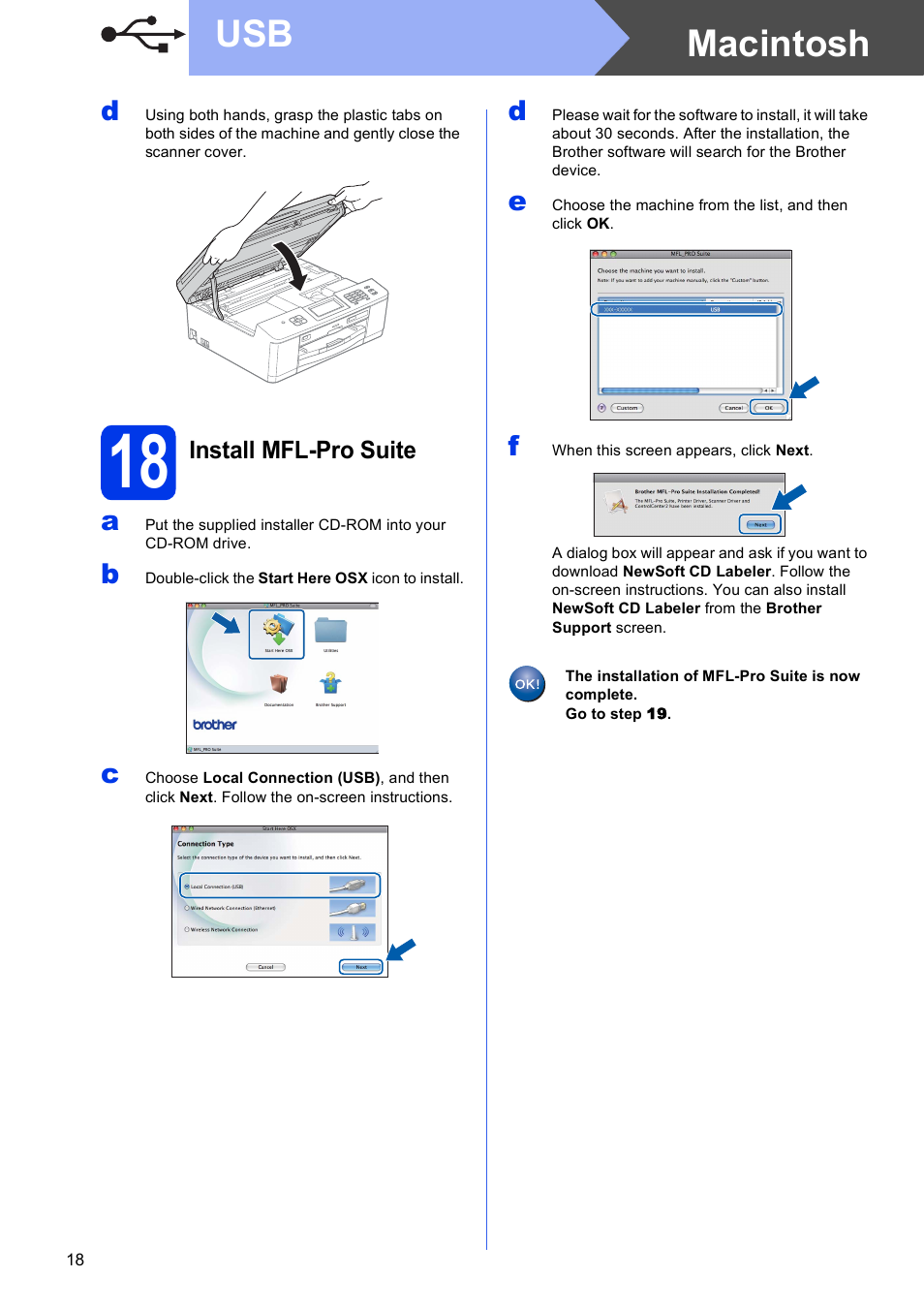 18 install mfl-pro suite, Macintosh usb | Brother MFC-J835DW User Manual | Page 18 / 44