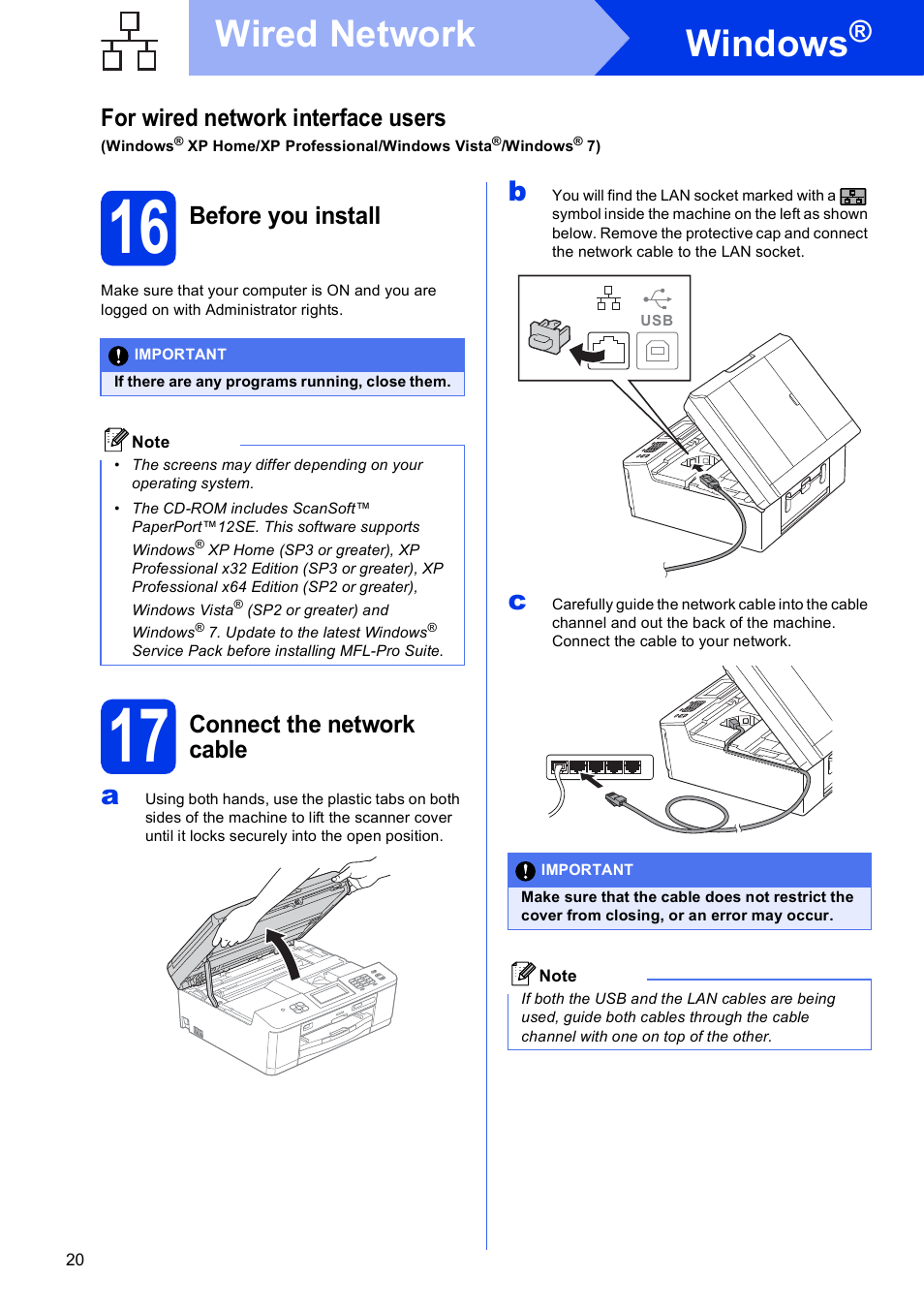 16 before you install, 17 connect the network cable, Windows | Wired network, For wired network interface users, Before you install, Connect the network cable | Brother MFC-J835DW User Manual | Page 20 / 44