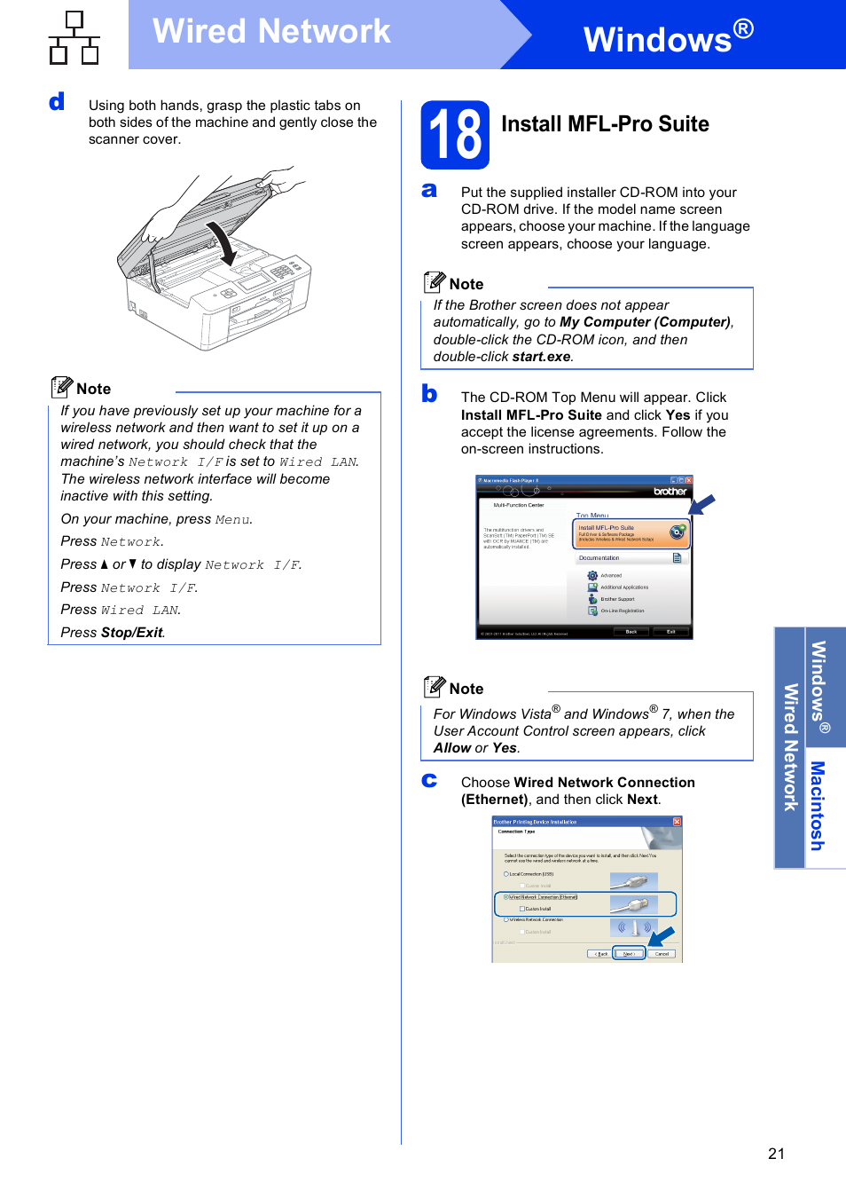 18 install mfl-pro suite, Windows, Wired network | Brother MFC-J835DW User Manual | Page 21 / 44