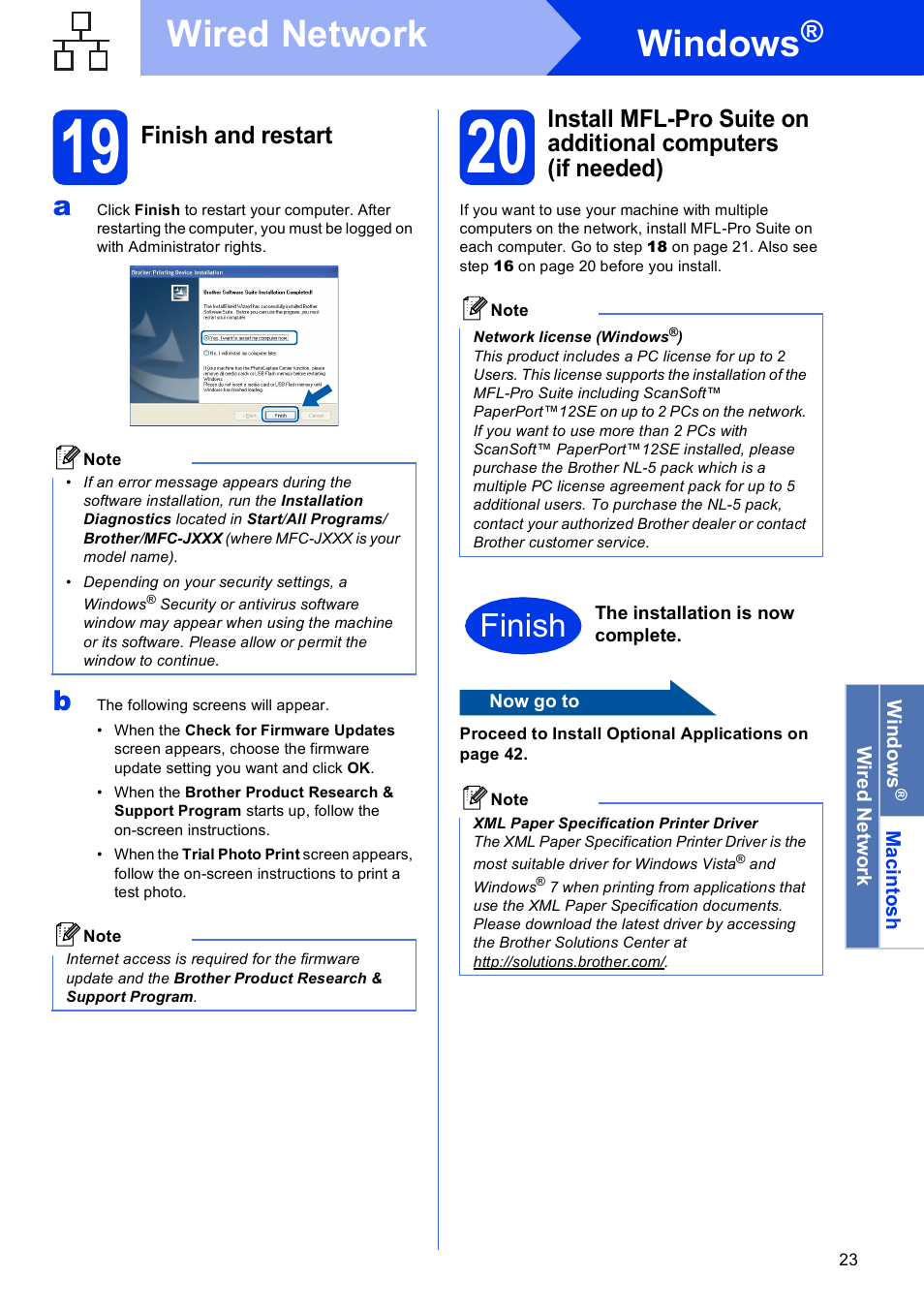 19 finish and restart, Windows, Wired network | Finish, Finish and restart | Brother MFC-J835DW User Manual | Page 23 / 44