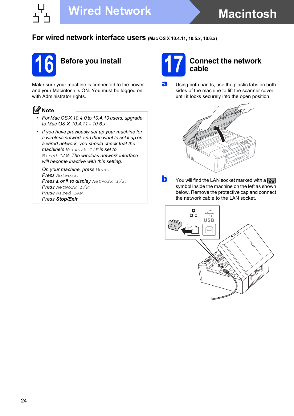 16 before you install, 17 connect the network cable, Macintosh wired network | Brother MFC-J835DW User Manual | Page 24 / 44