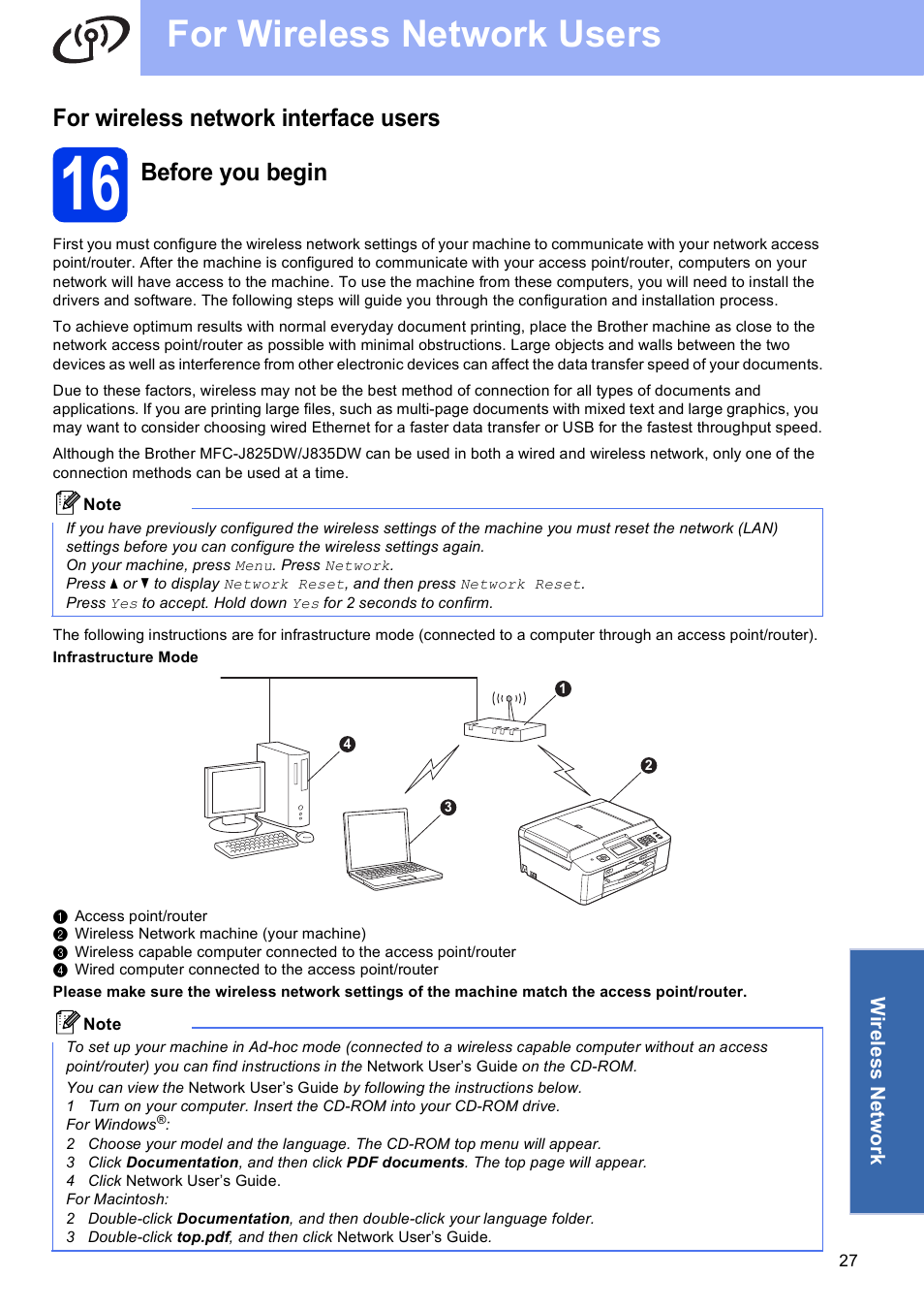 For wireless network interface users, 16 before you begin, For wireless network users | Before you begin | Brother MFC-J835DW User Manual | Page 27 / 44