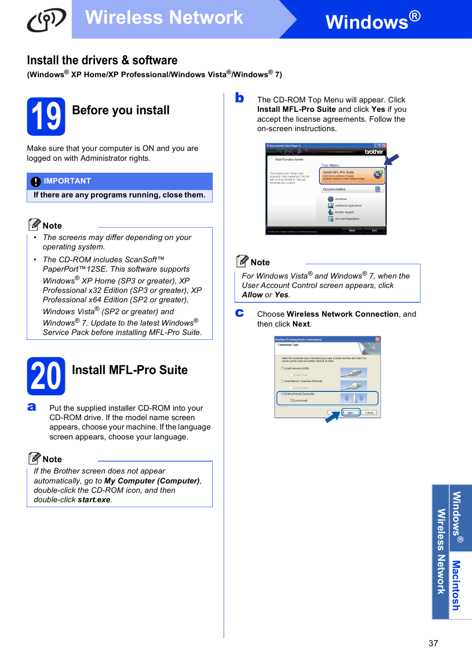 19 before you install, 20 install mfl-pro suite, Windows | Wireless network, Install the drivers & software, Before you install, Install mfl-pro suite | Brother MFC-J835DW User Manual | Page 37 / 44