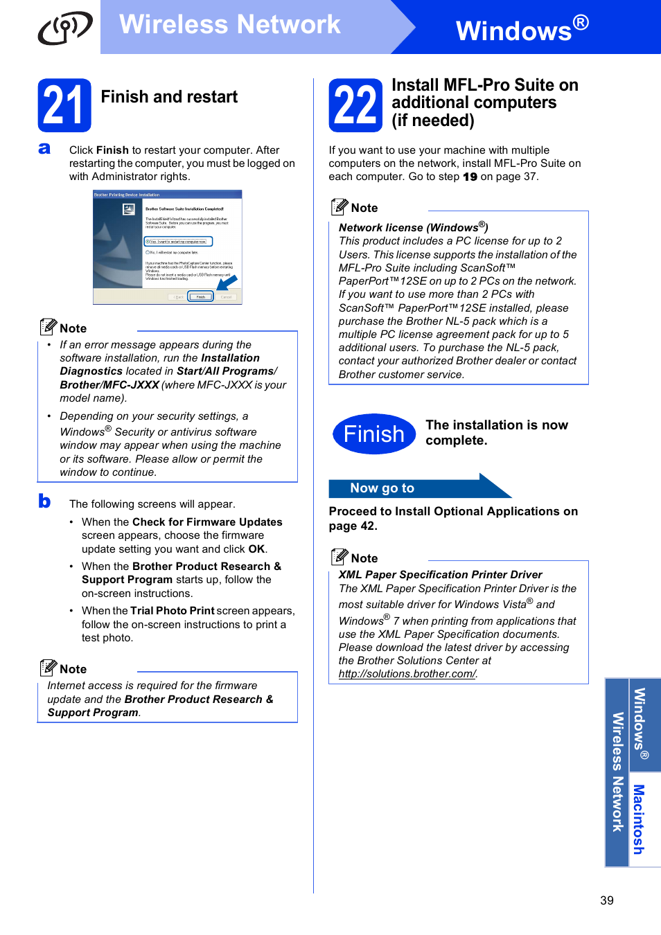 21 finish and restart, Windows, Wireless network | Finish, Finish and restart | Brother MFC-J835DW User Manual | Page 39 / 44