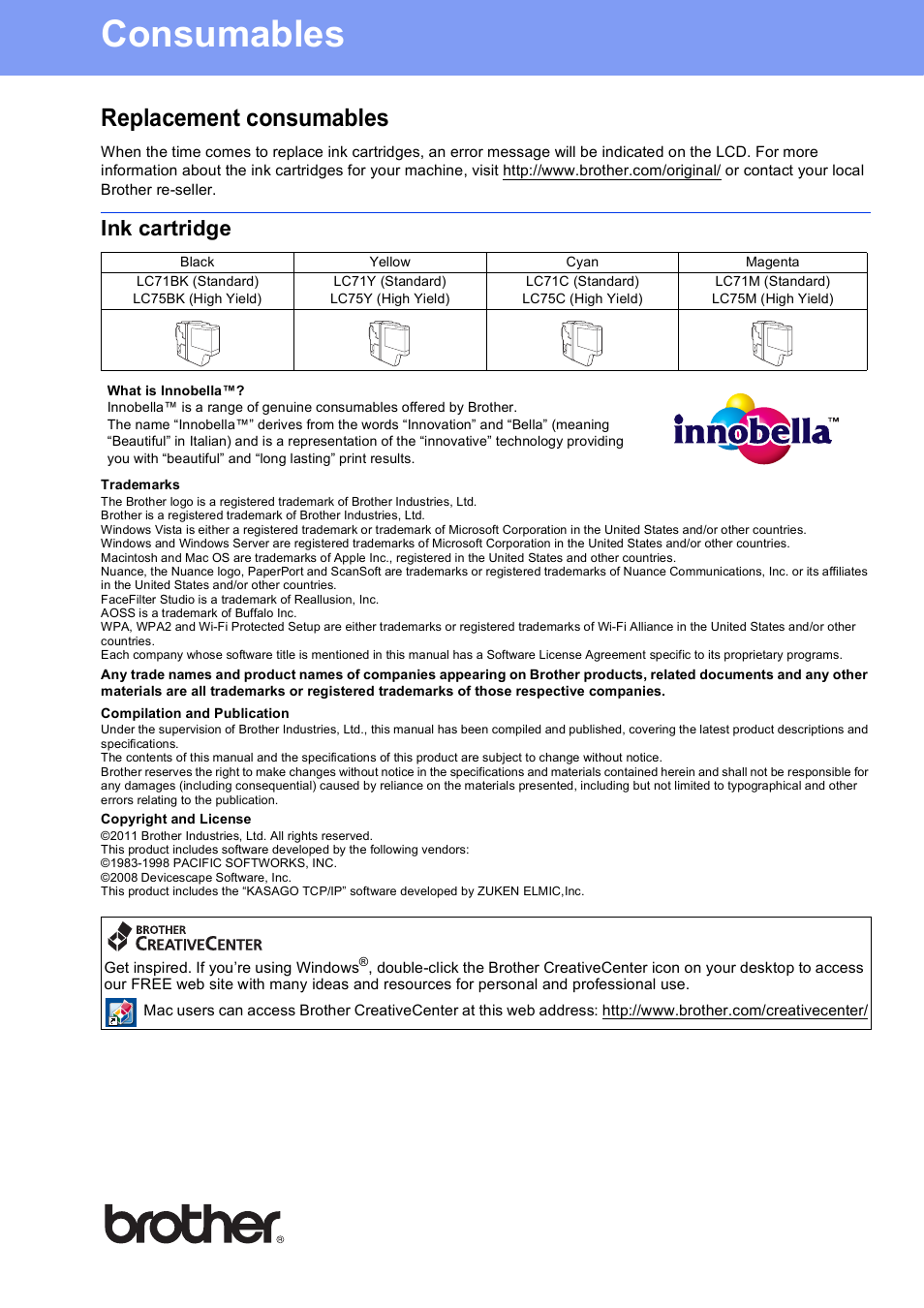 Consumables, Replacement consumables, Ink cartridge | Brother usa/can | Brother MFC-J835DW User Manual | Page 44 / 44