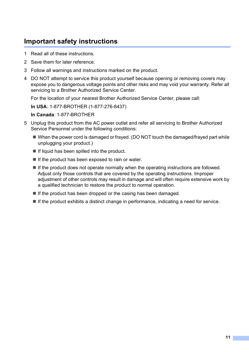 Important safety instructions | Brother HL-S7000DN User Manual | Page 11 / 16