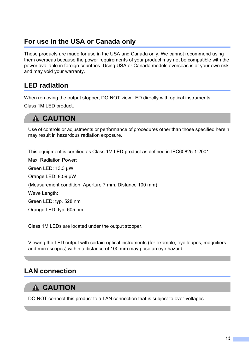 For use in the usa or canada only, Led radiation, Lan connection | Caution | Brother HL-S7000DN User Manual | Page 13 / 16