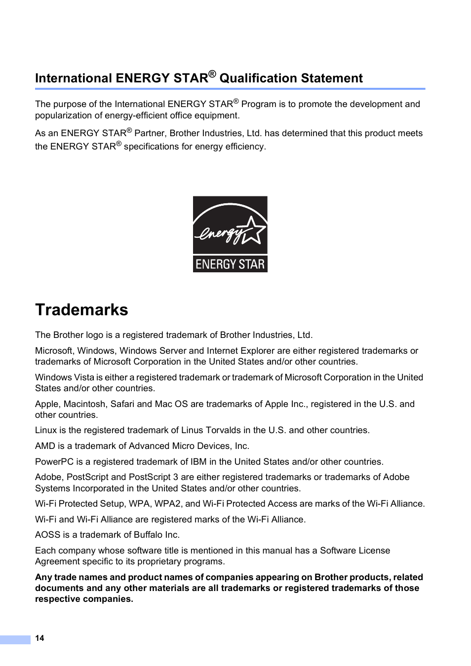 International energy star® qualification statement, Trademarks, International energy star | Qualification statement | Brother HL-S7000DN User Manual | Page 14 / 16