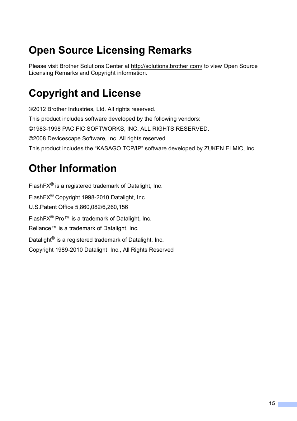 Open source licensing remarks, Copyright and license, Other information | Brother HL-S7000DN User Manual | Page 15 / 16