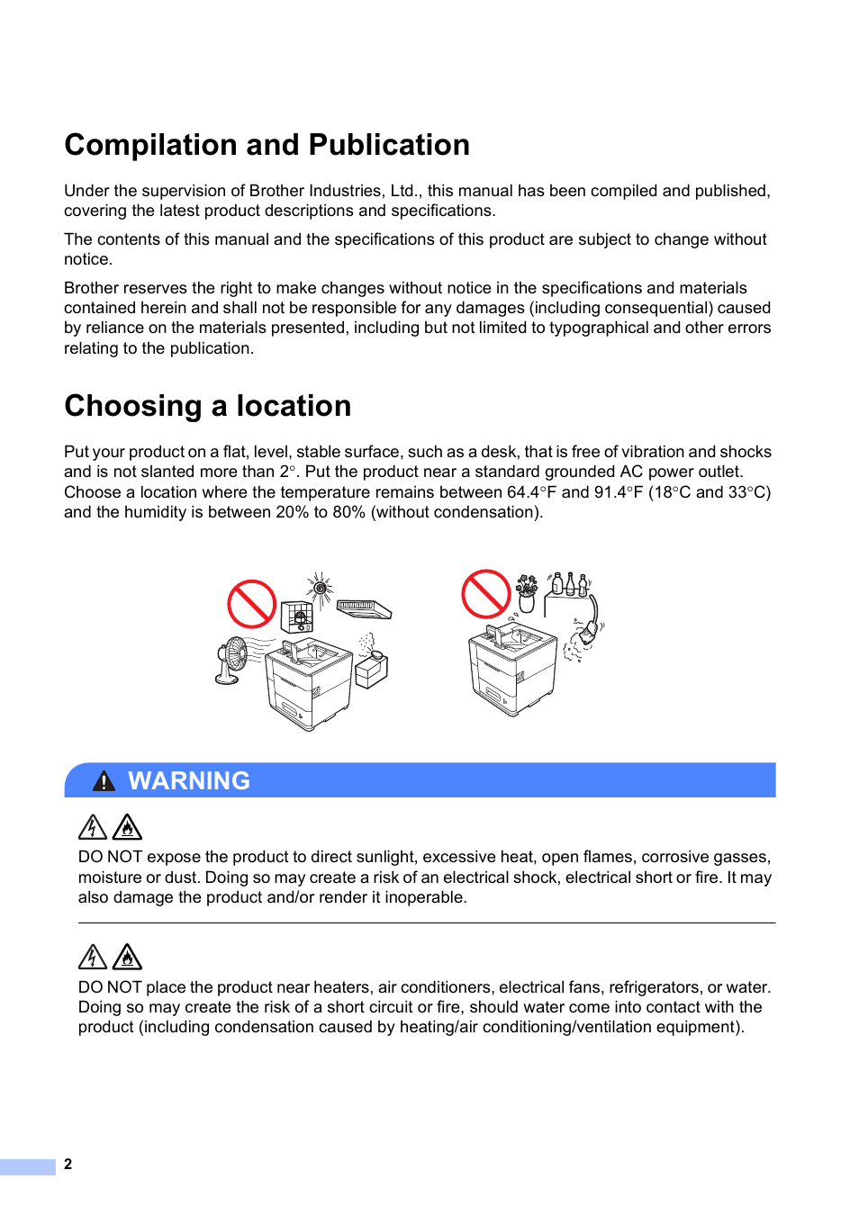 Compilation and publication, Choosing a location, Warning | Brother HL-S7000DN User Manual | Page 2 / 16