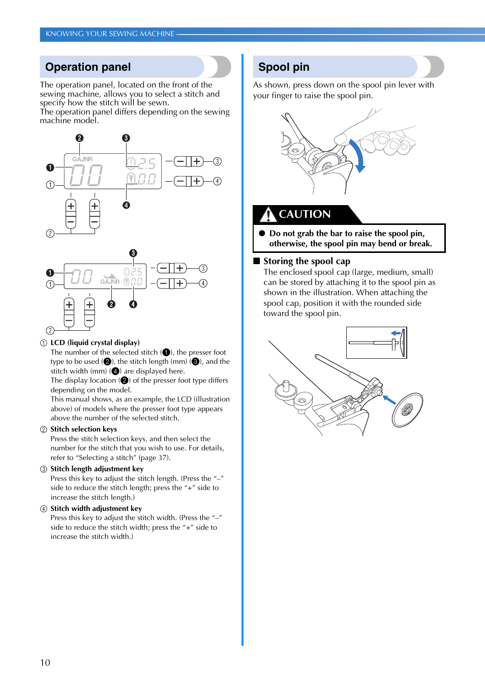 Operation panel, Spool pin, Caution | Brother CE1100PRW User Manual | Page 12 / 104