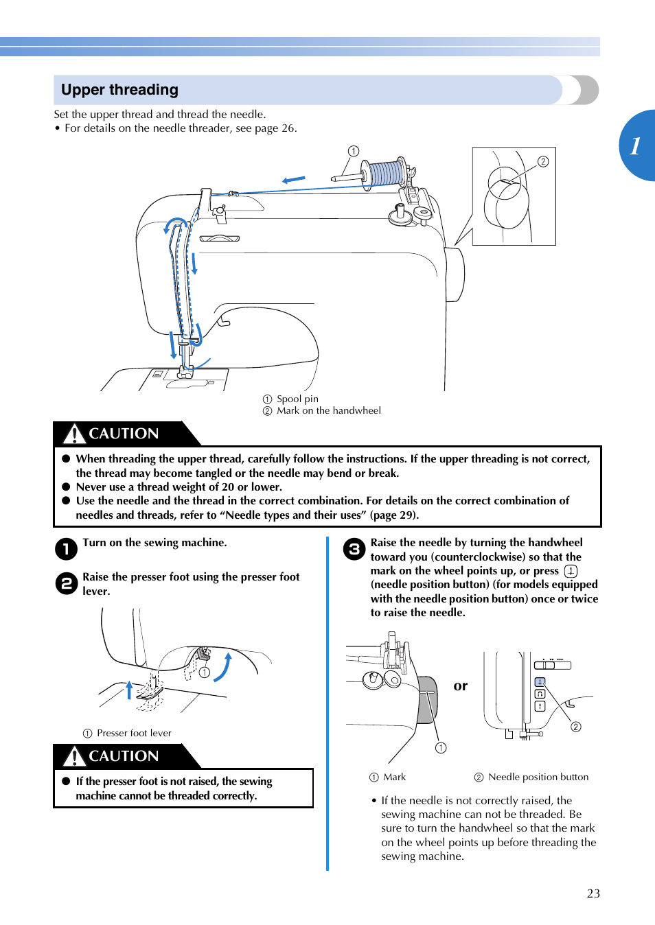 Upper threading, Caution | Brother CE1100PRW User Manual | Page 25 / 104