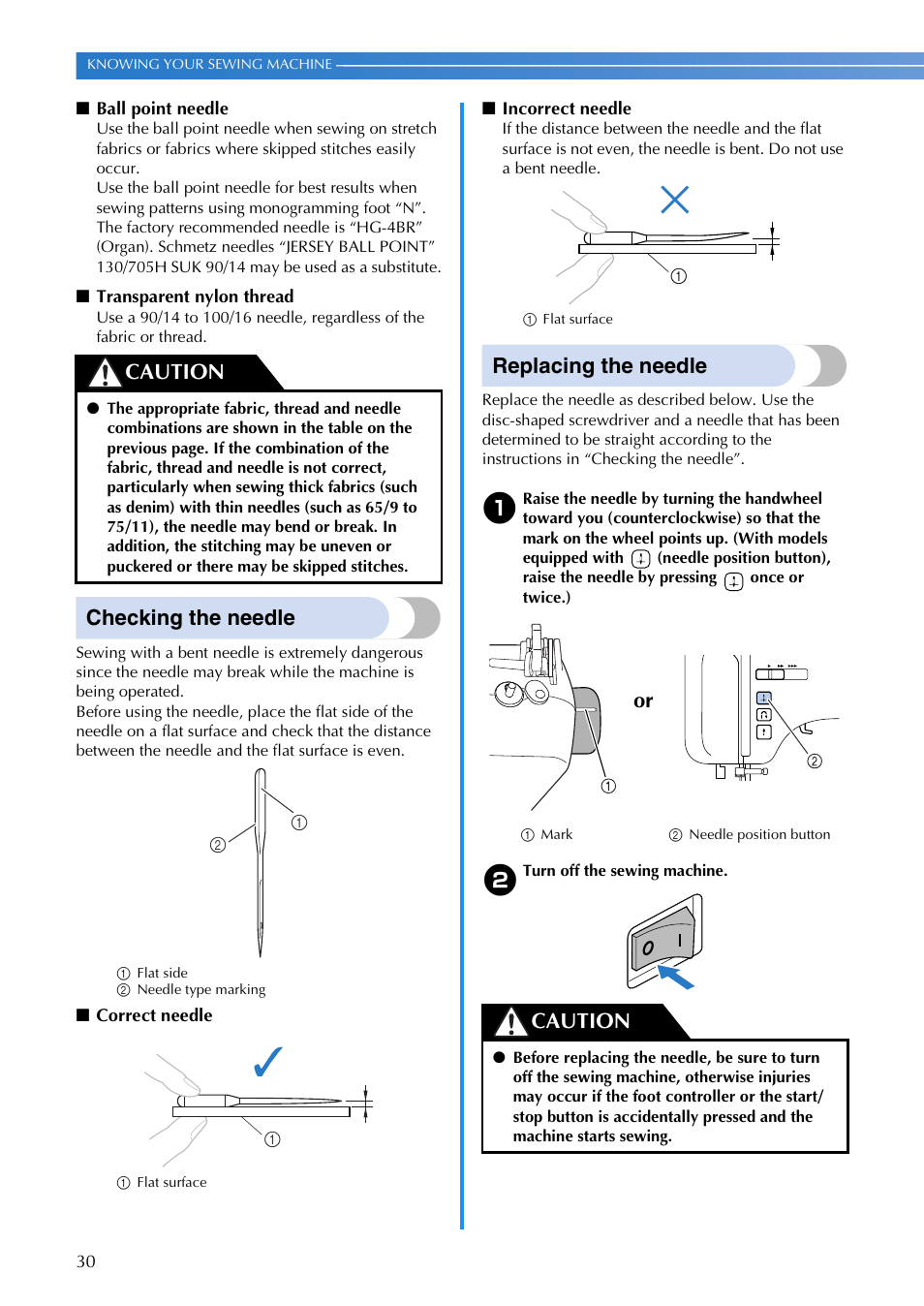 Checking the needle, Replacing the needle, Caution | Or caution | Brother CE1100PRW User Manual | Page 32 / 104