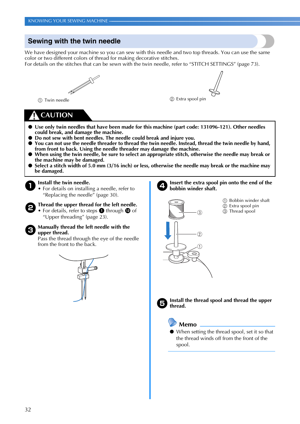 Sewing with the twin needle, Caution | Brother CE1100PRW User Manual | Page 34 / 104