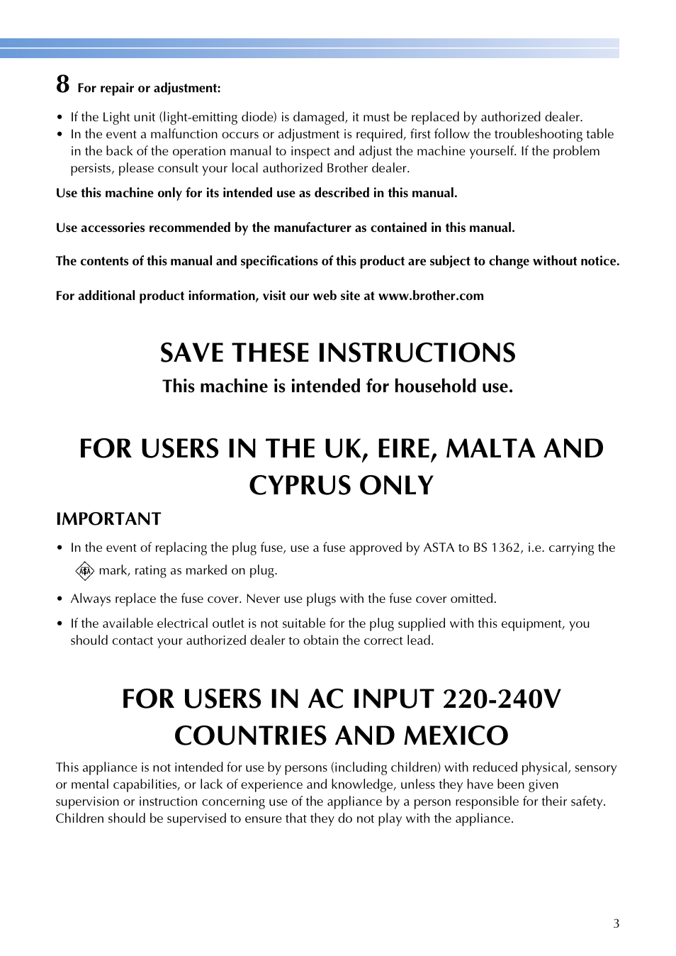 Save these instructions, For users in the uk, eire, malta and cyprus only | Brother CE1100PRW User Manual | Page 5 / 104