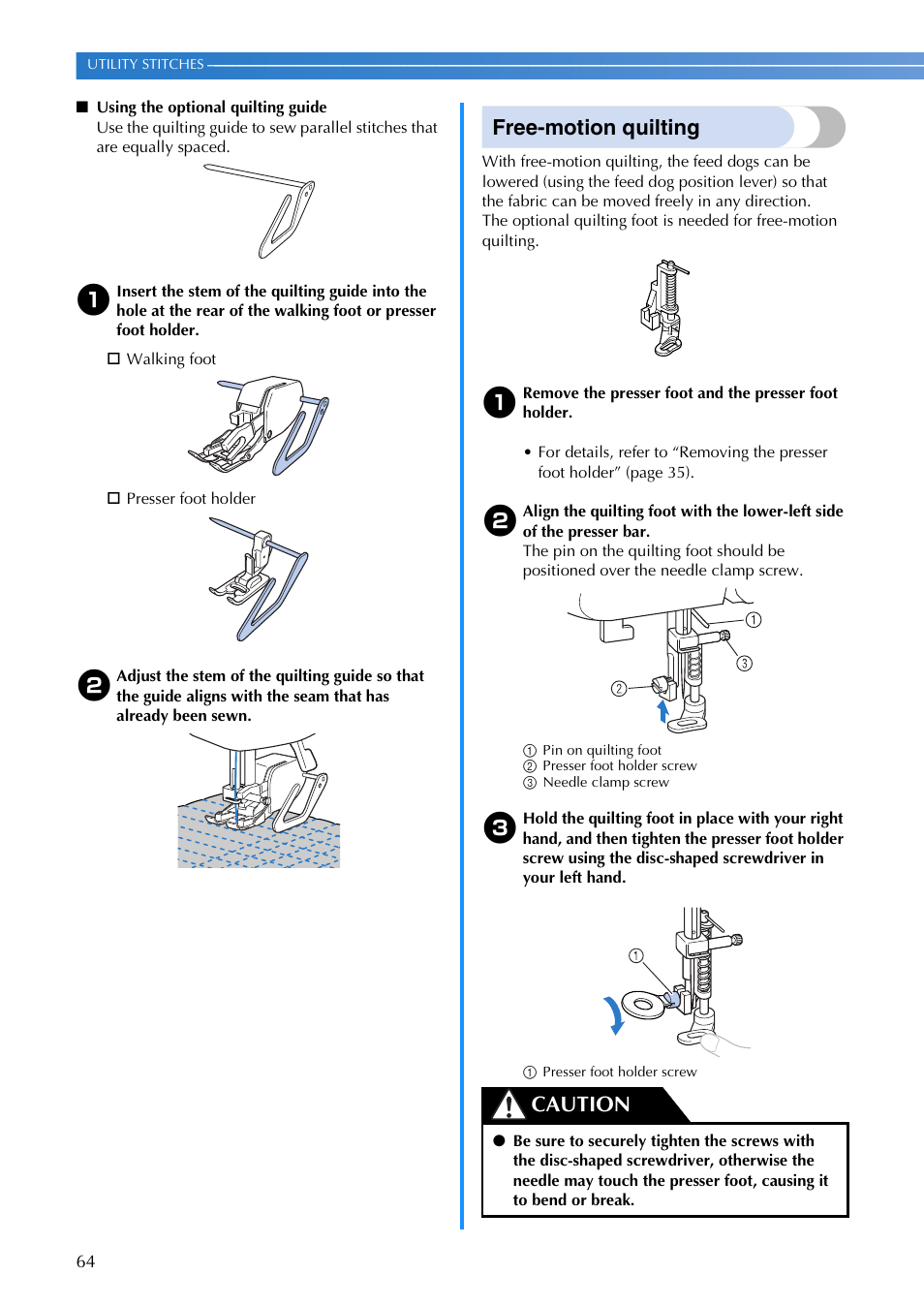 Free-motion quilting, Caution | Brother CE1100PRW User Manual | Page 66 / 104