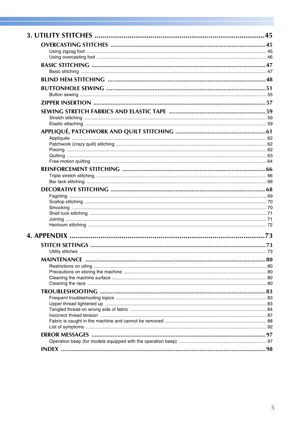 Utility stitches, Appendix | Brother CE1100PRW User Manual | Page 7 / 104