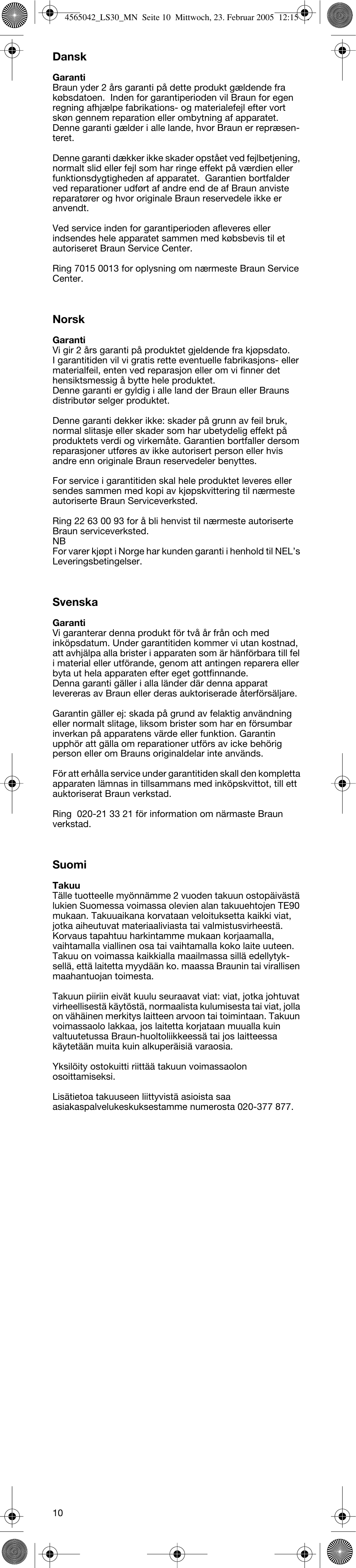 Dansk, Norsk, Svenska | Suomi | Braun LS30 quick style compact User Manual | Page 10 / 12