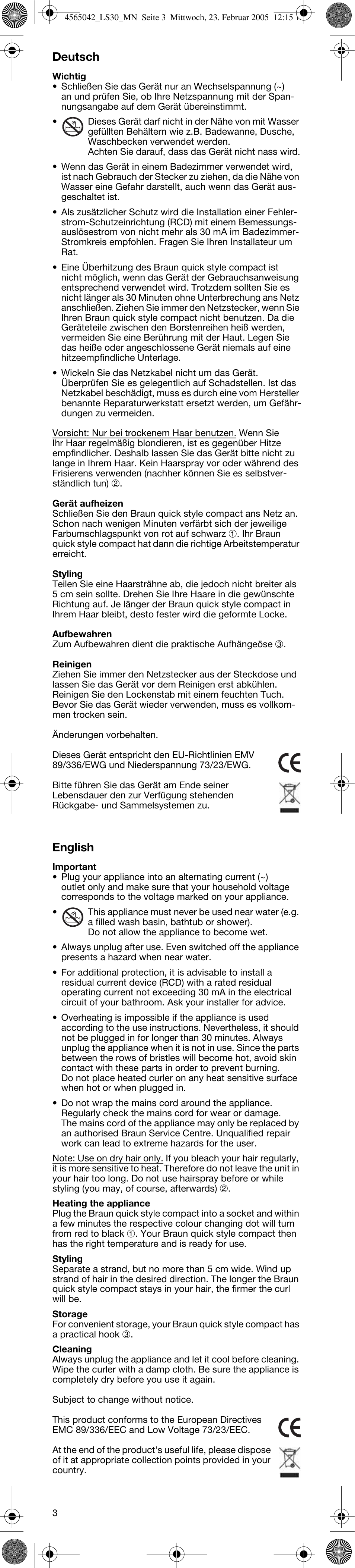 Deutsch, English | Braun LS30 quick style compact User Manual | Page 3 / 12